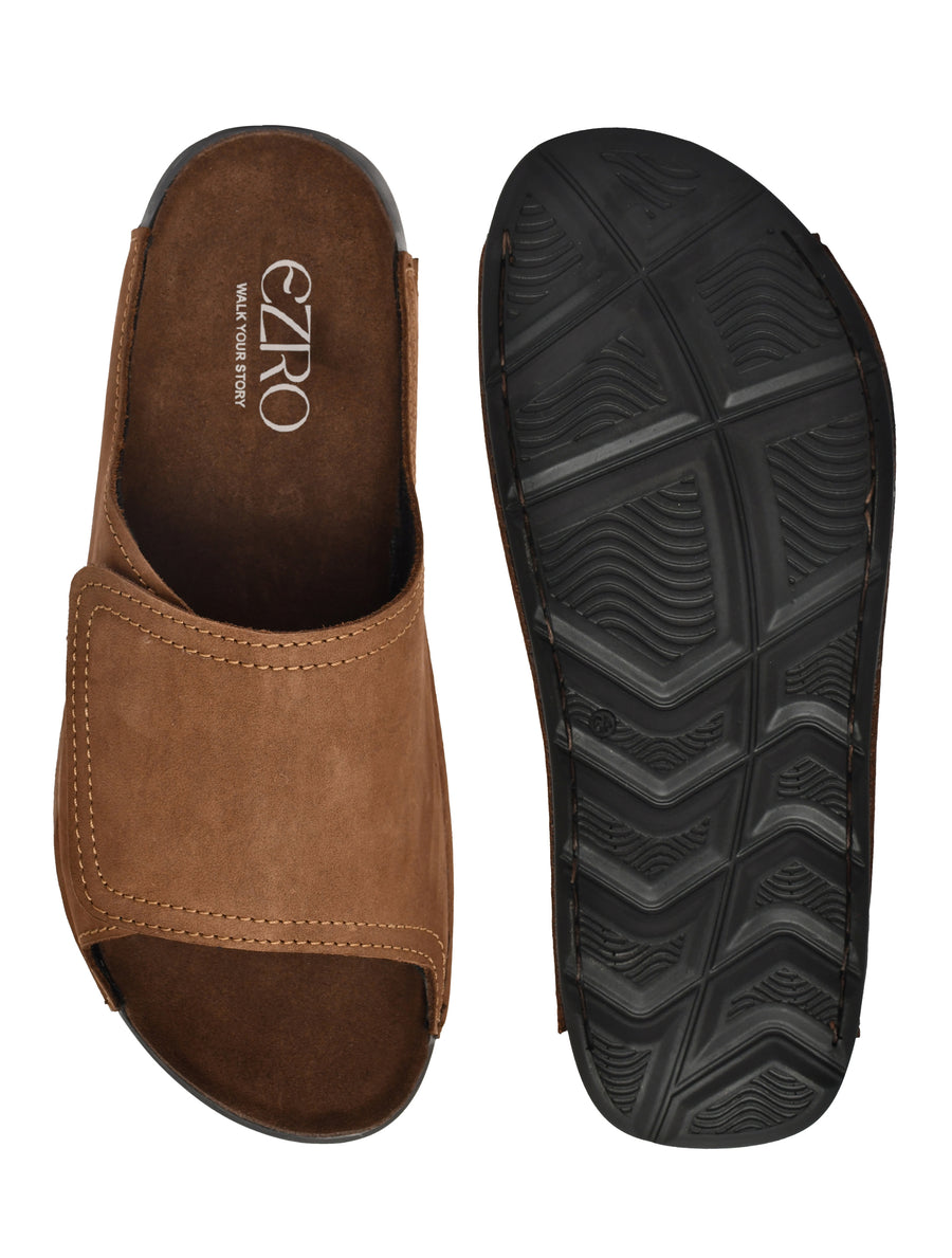 EZRO Men Brown Comfort Slide Slippers | Soft Cushioned Open-Toe Slip-On Sandals for Daily Wear