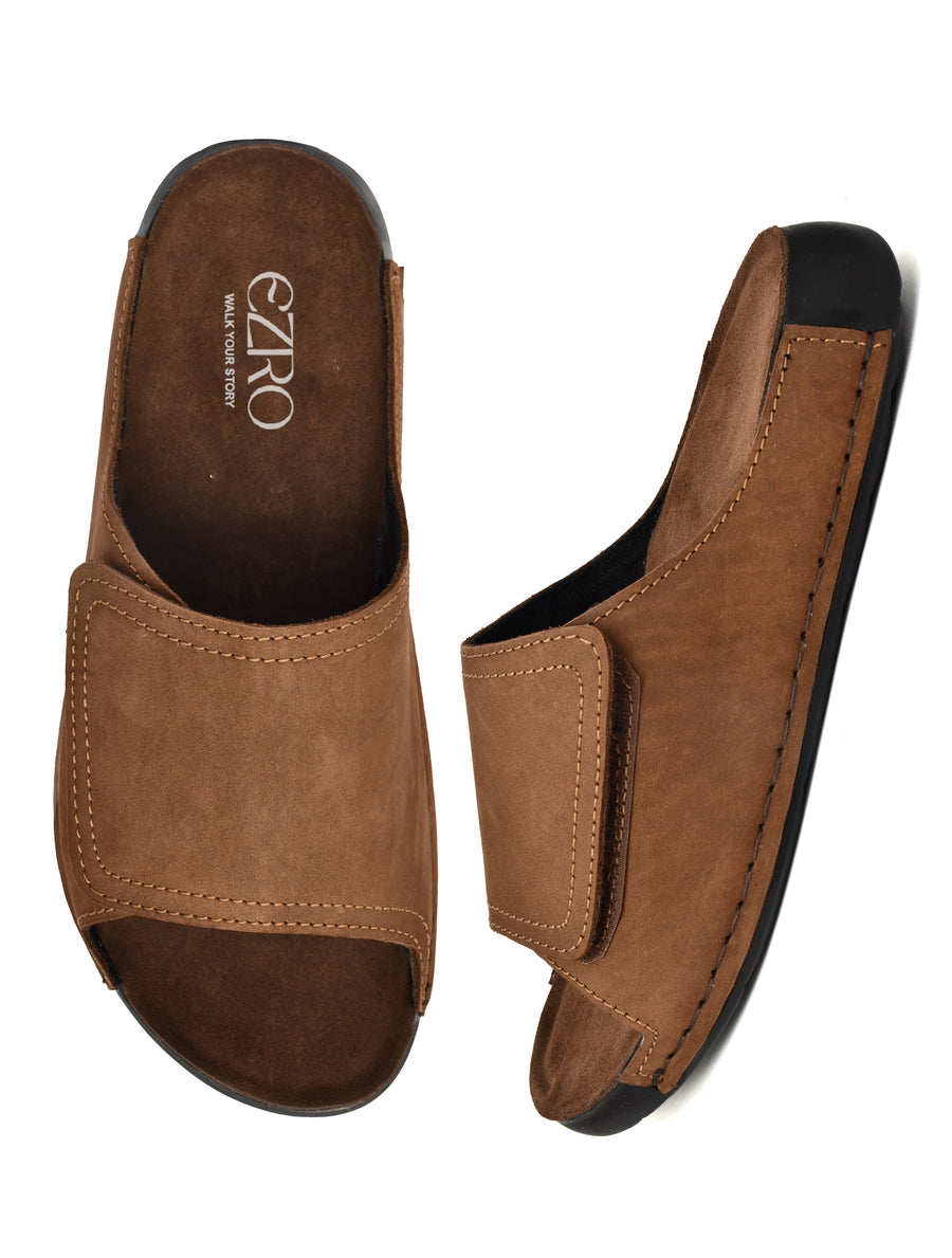 EZRO Men Brown Comfort Slide Slippers | Soft Cushioned Open-Toe Slip-On Sandals for Daily Wear