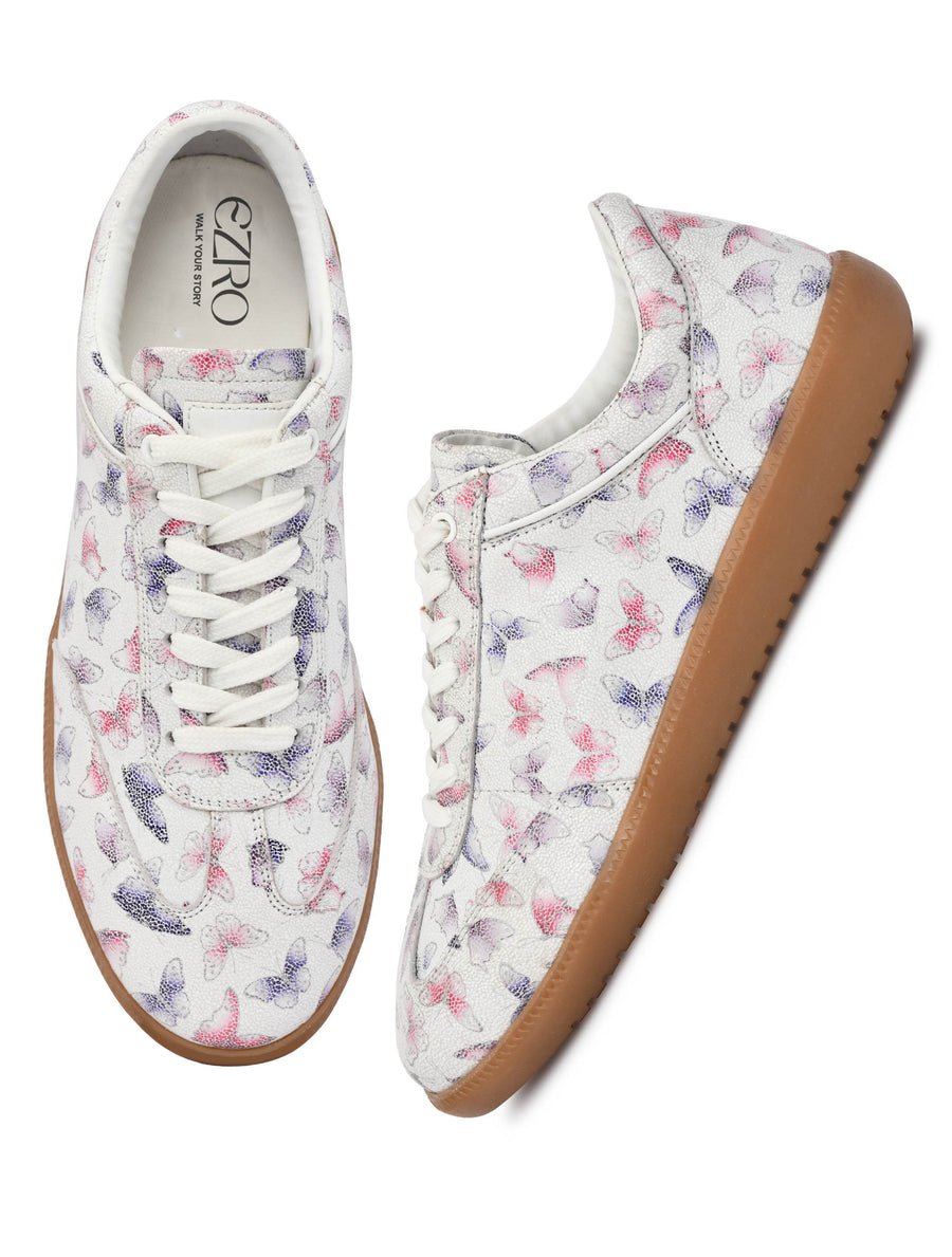 EZRO Women Butterfly Print White Lace-Up Sneakers