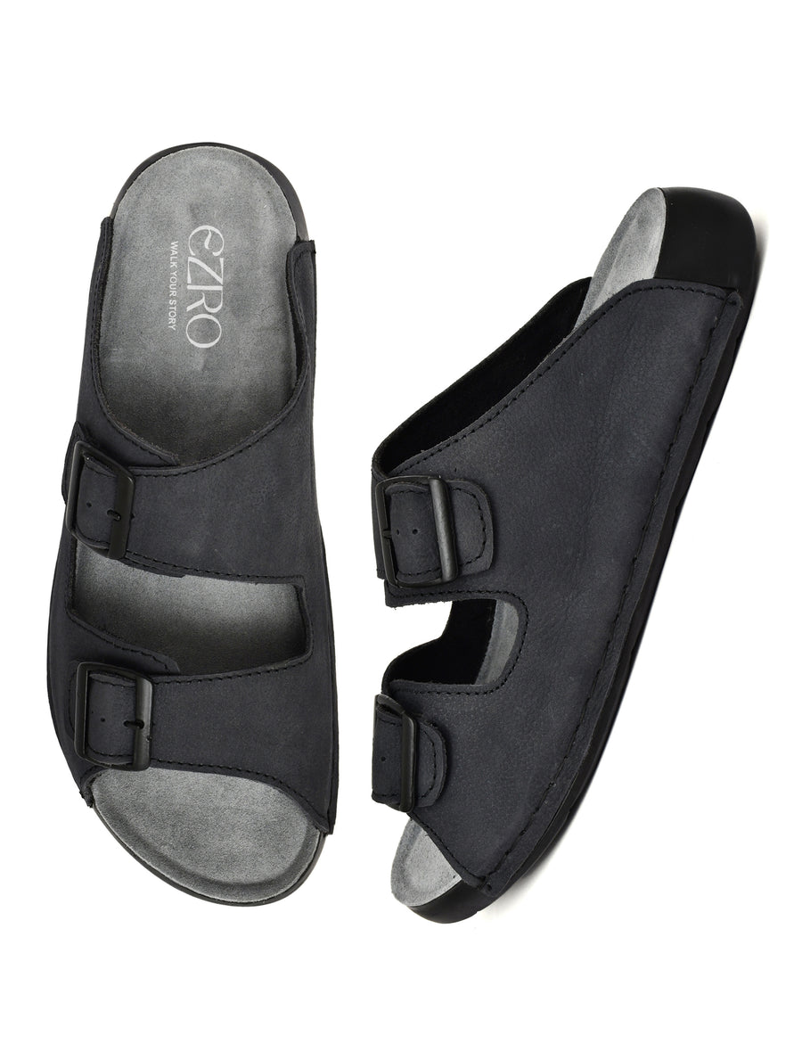EZRO Men Grey Adjustable Double Buckle Comfort Slippers | Casual Open-Toe Slip-On Sandals
