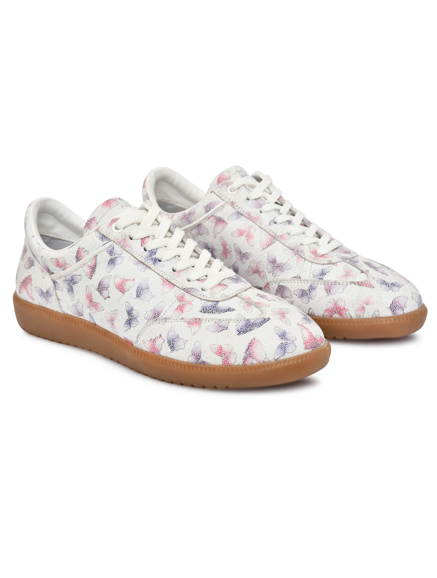 EZRO Women Butterfly Print White Lace-Up Sneakers