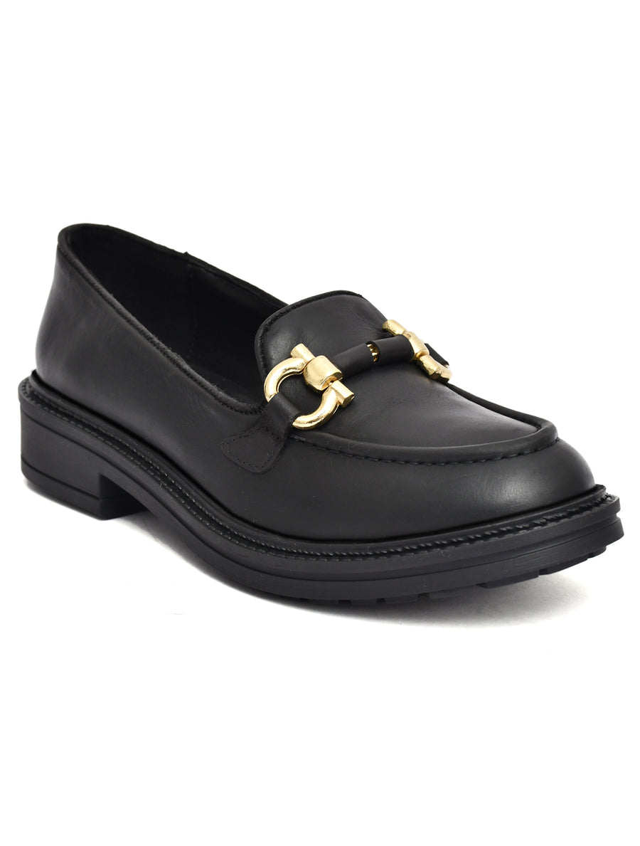 EZRO Women’s Black Loafers with Gold Buckle – Stylish Slip-On Casual Shoes