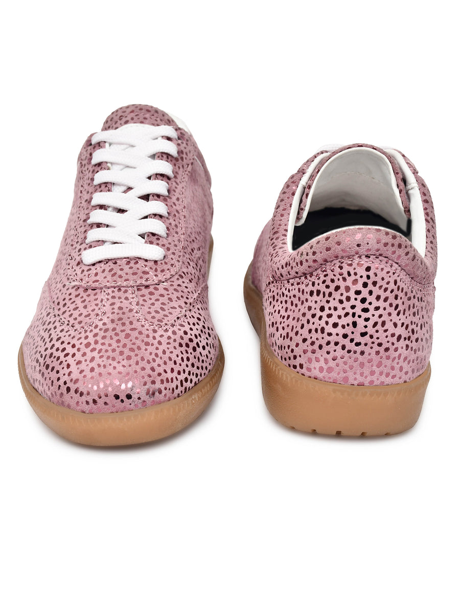 EZRO Women Rose Pink Printed Lace-Up Sneakers – Stylish Casual Low-Top Shoes