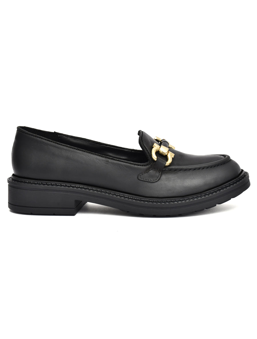EZRO Women’s Black Loafers with Gold Buckle – Stylish Slip-On Casual Shoes