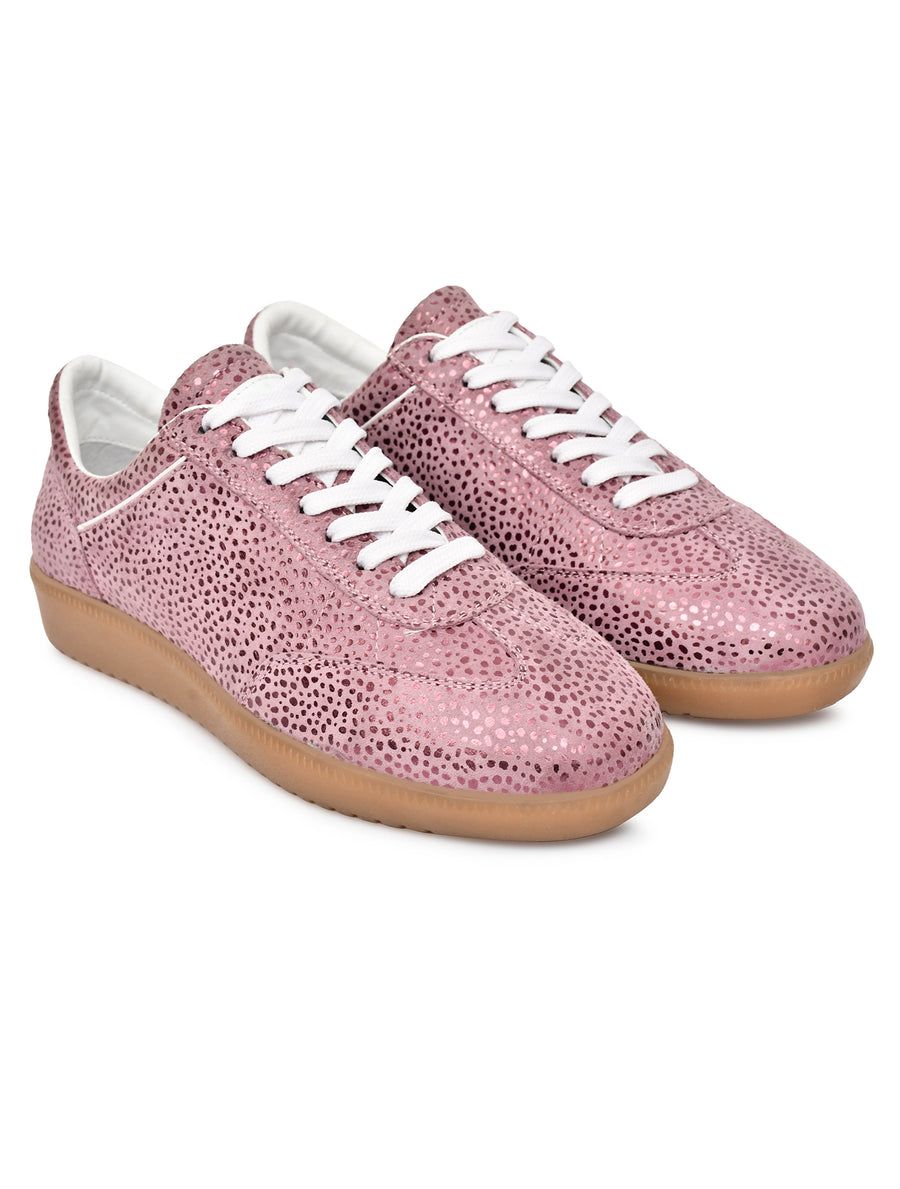 EZRO Women Rose Pink Printed Lace-Up Sneakers – Stylish Casual Low-Top Shoes