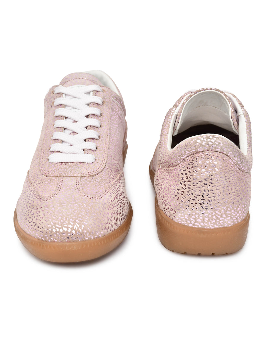 EZRO Women Champagne Pink Textured Lace-Up Sneakers