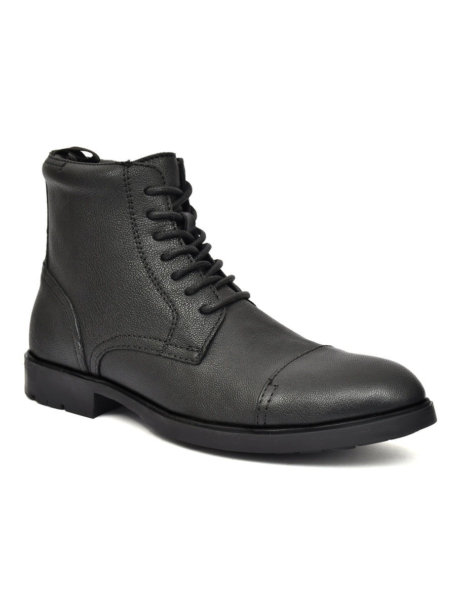 EZRO Men Black Ankle Boots | Stylish Lace-Up Boots with Side Zip