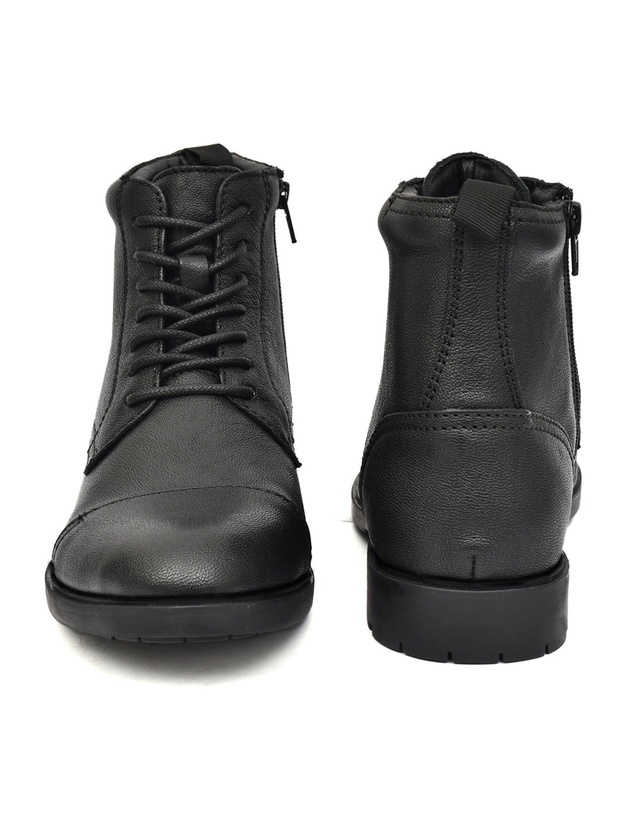 EZRO Men Black Ankle Boots | Stylish Lace-Up Boots with Side Zip