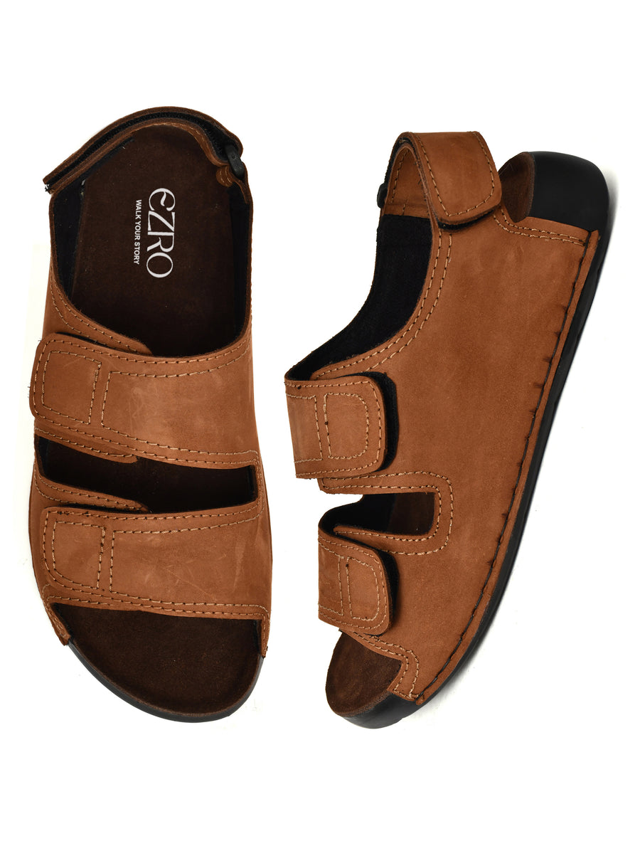 EZRO Men Tan Adjustable Comfort Sandals | Lightweight Hook & Loop Casual Outdoor Walking Sandals