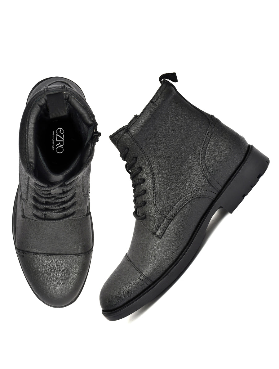 EZRO Men Black Ankle Boots | Stylish Lace-Up Boots with Side Zip