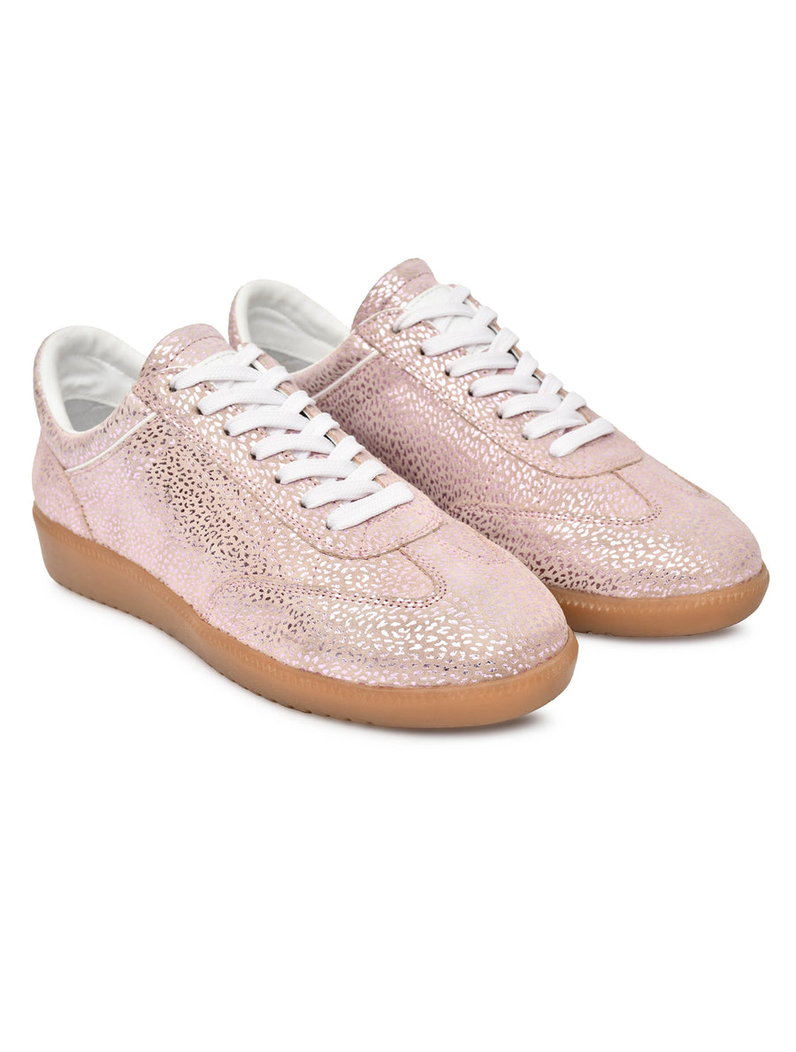 EZRO Women Champagne Pink Textured Lace-Up Sneakers