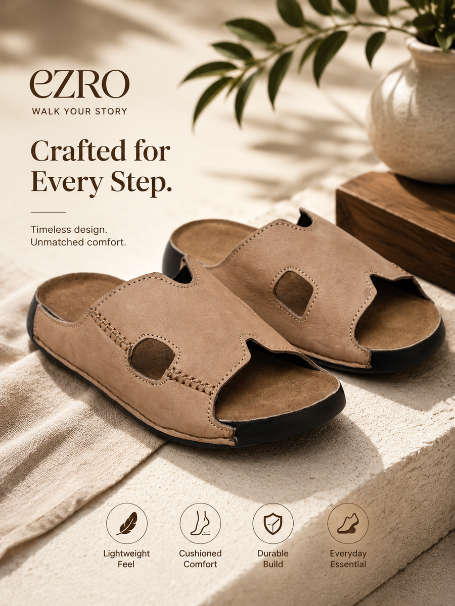 EZRO Men Brown Comfort Slippers | Premium Open-Toe Casual Slip-On Slippers for Home & Everyday Wear