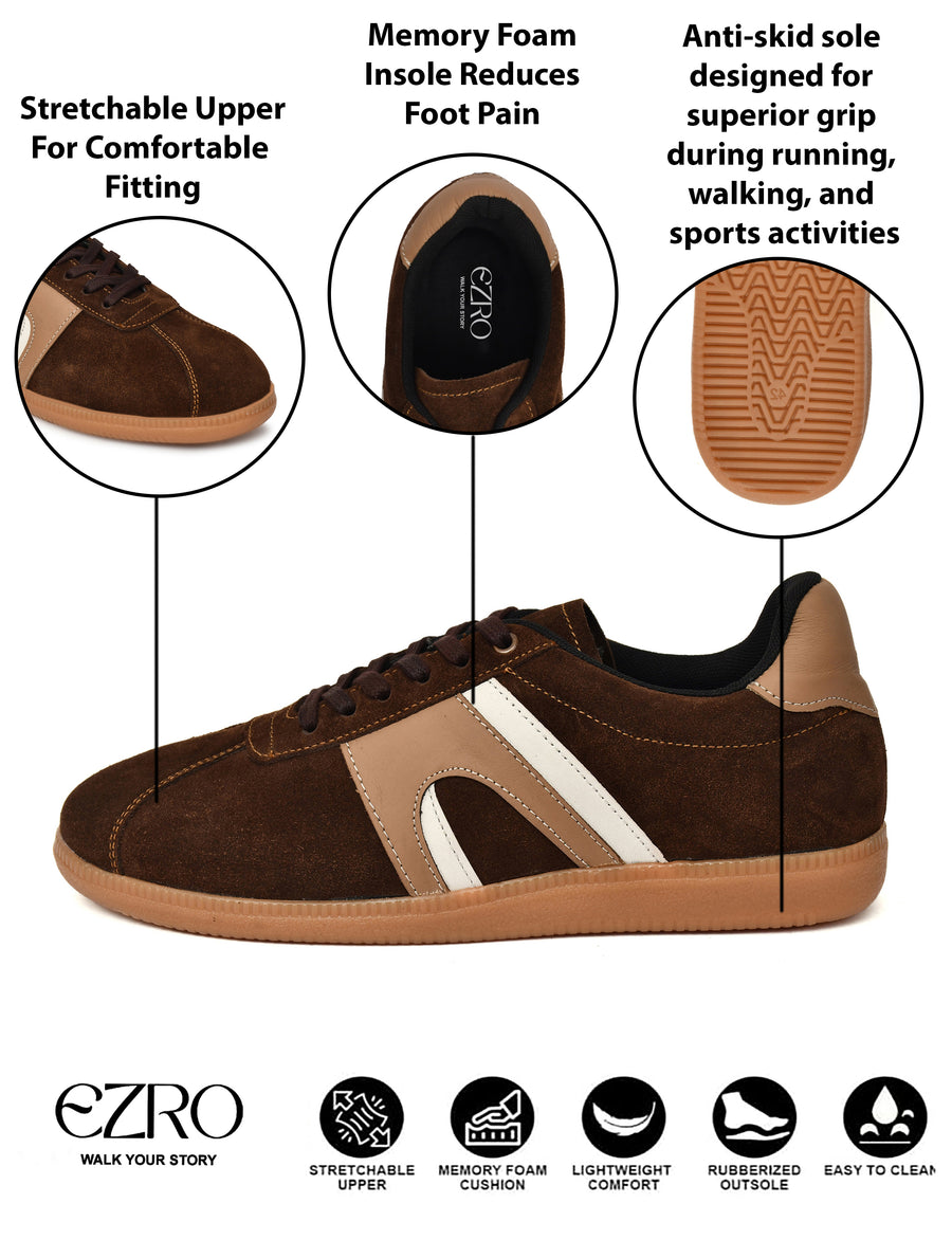 EZRO Men Casual Brown Lace-Up Sneakers – Stylish Low-Top Everyday Shoes