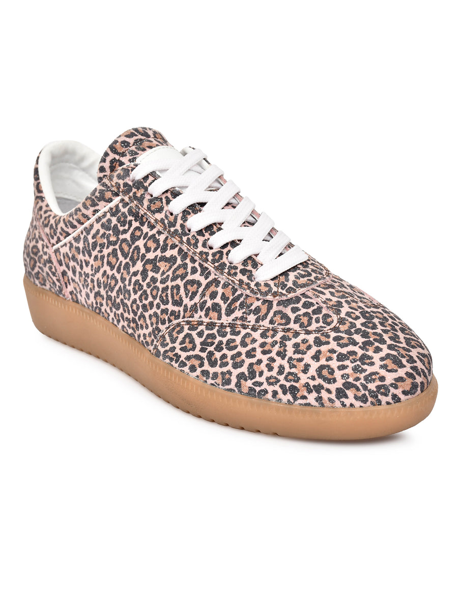 EZRO Tiger Brown Women Leopard Print Lace-Up Sneakers