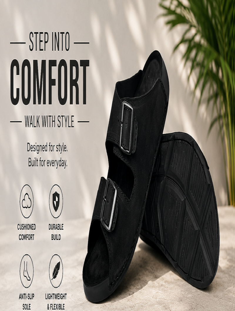 EZRO Men Black Adjustable Double Buckle Comfort Slippers | Casual Open-Toe Slip-On Sandals