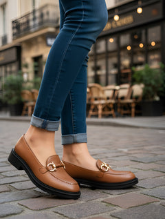 EZRO Women’s Brown Loafers with Gold Buckle – Stylish Slip-On Casual Shoes