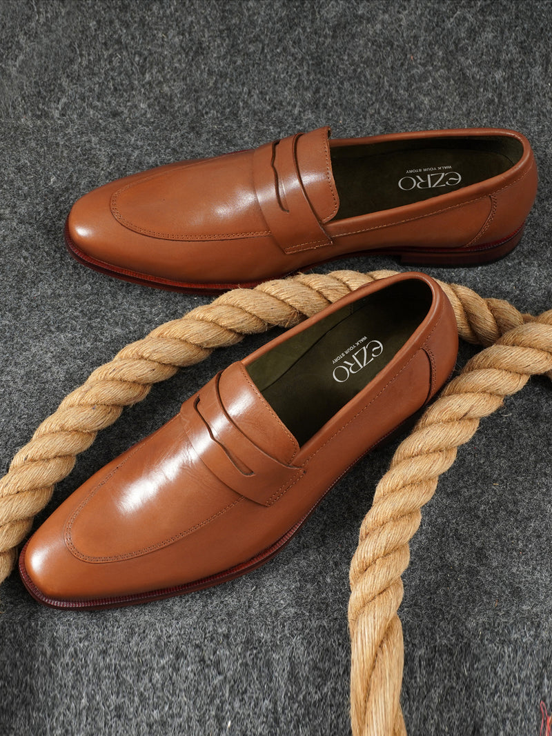 EZRO Men Premium Tan Formal Loafers | Classic Slip-On Business, Office & Wedding Dress Shoes