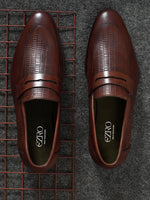 EZRO Men Premium Brown Textured Leather Penny Loafers | Slip-On Formal Dress Shoes