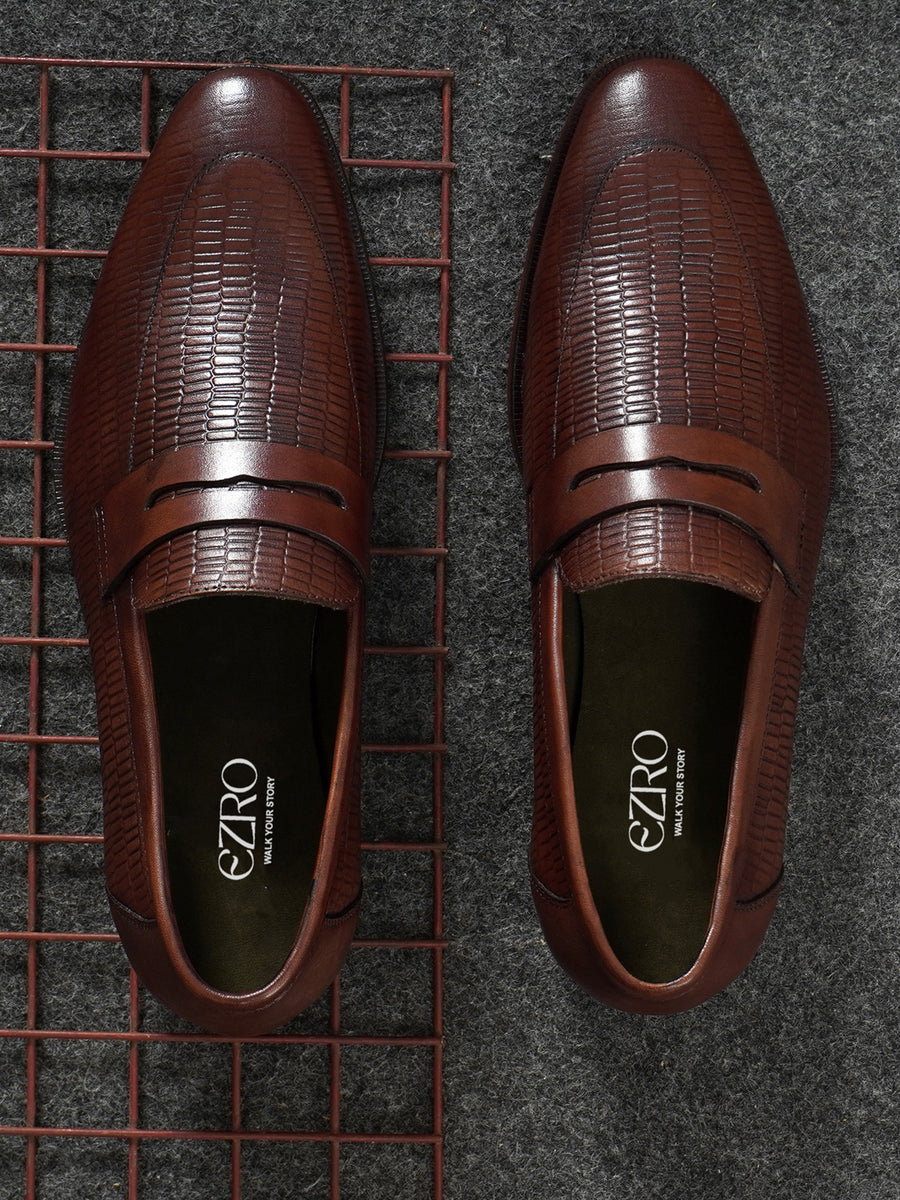 EZRO Men Premium Brown Textured Leather Penny Loafers | Slip-On Formal Dress Shoes