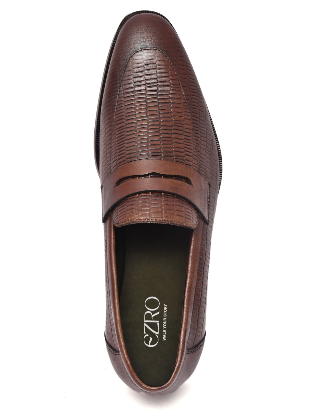 EZRO Men Premium Brown Textured Leather Penny Loafers | Slip-On Formal Dress Shoes