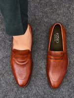 EZRO Men Premium Tan Textured Leather Penny Loafers | Slip-On Formal Dress Shoes