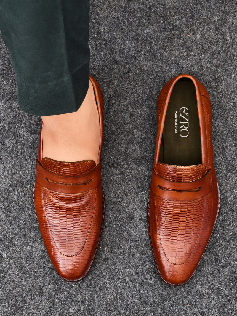 EZRO Men Premium Tan Textured Leather Penny Loafers | Slip-On Formal Dress Shoes