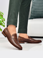 EZRO Men Premium Brown Textured Leather Penny Loafers | Slip-On Formal Dress Shoes