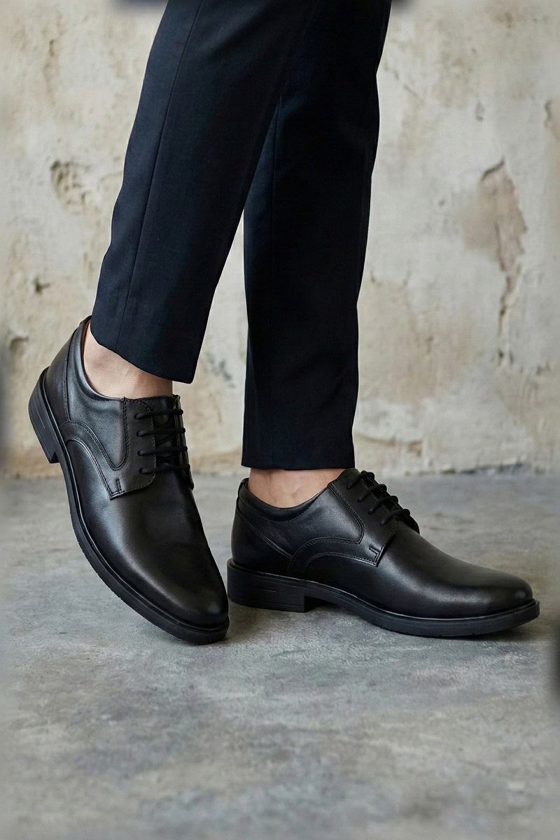 EZRO Classic Black Leather Lace-Up Derby Shoes for Men