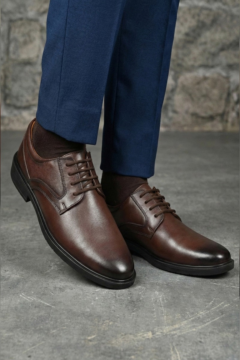 EZRO Classic Brown Leather Lace-Up Derby Shoes for Men