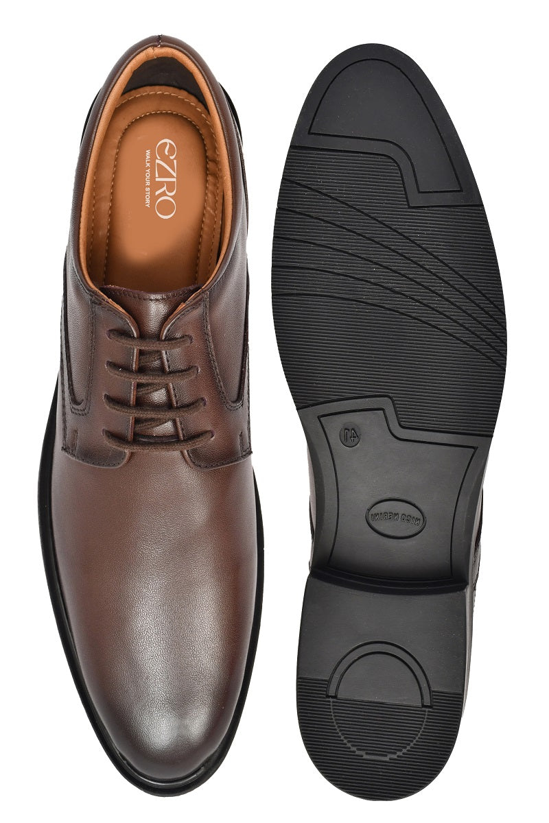 EZRO Classic Brown Leather Lace-Up Derby Shoes for Men