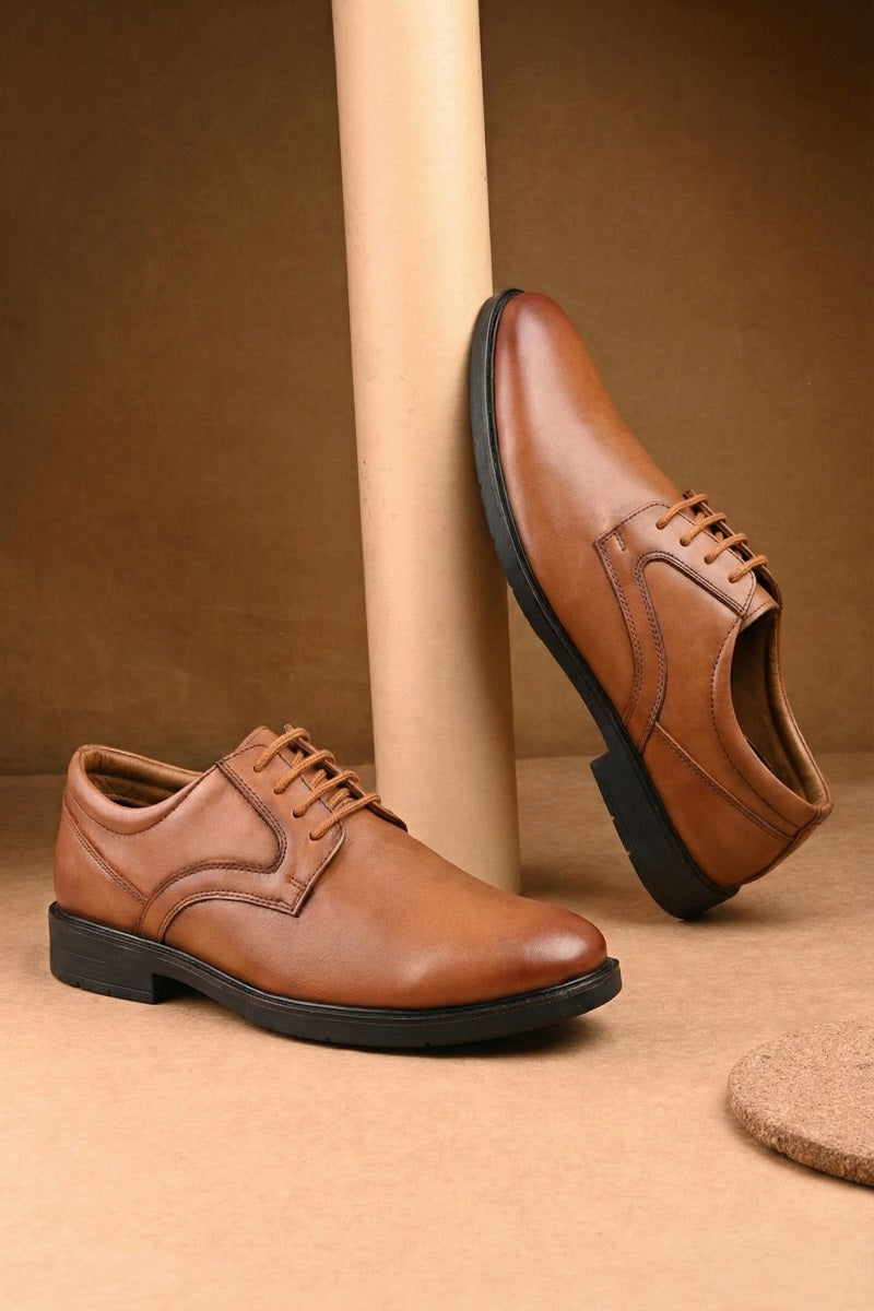 EZRO Classic Tan Leather Lace-Up Derby Shoes for Men