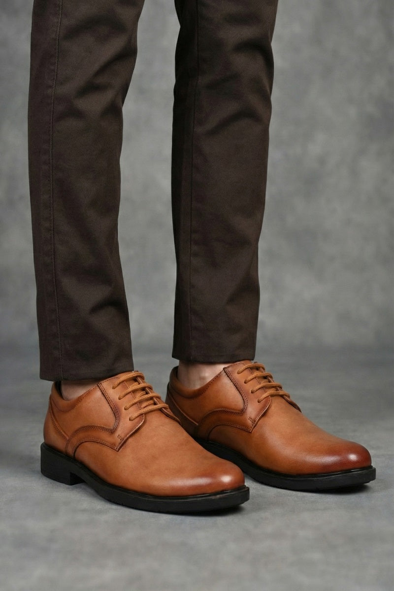 EZRO Classic Tan Leather Lace-Up Derby Shoes for Men