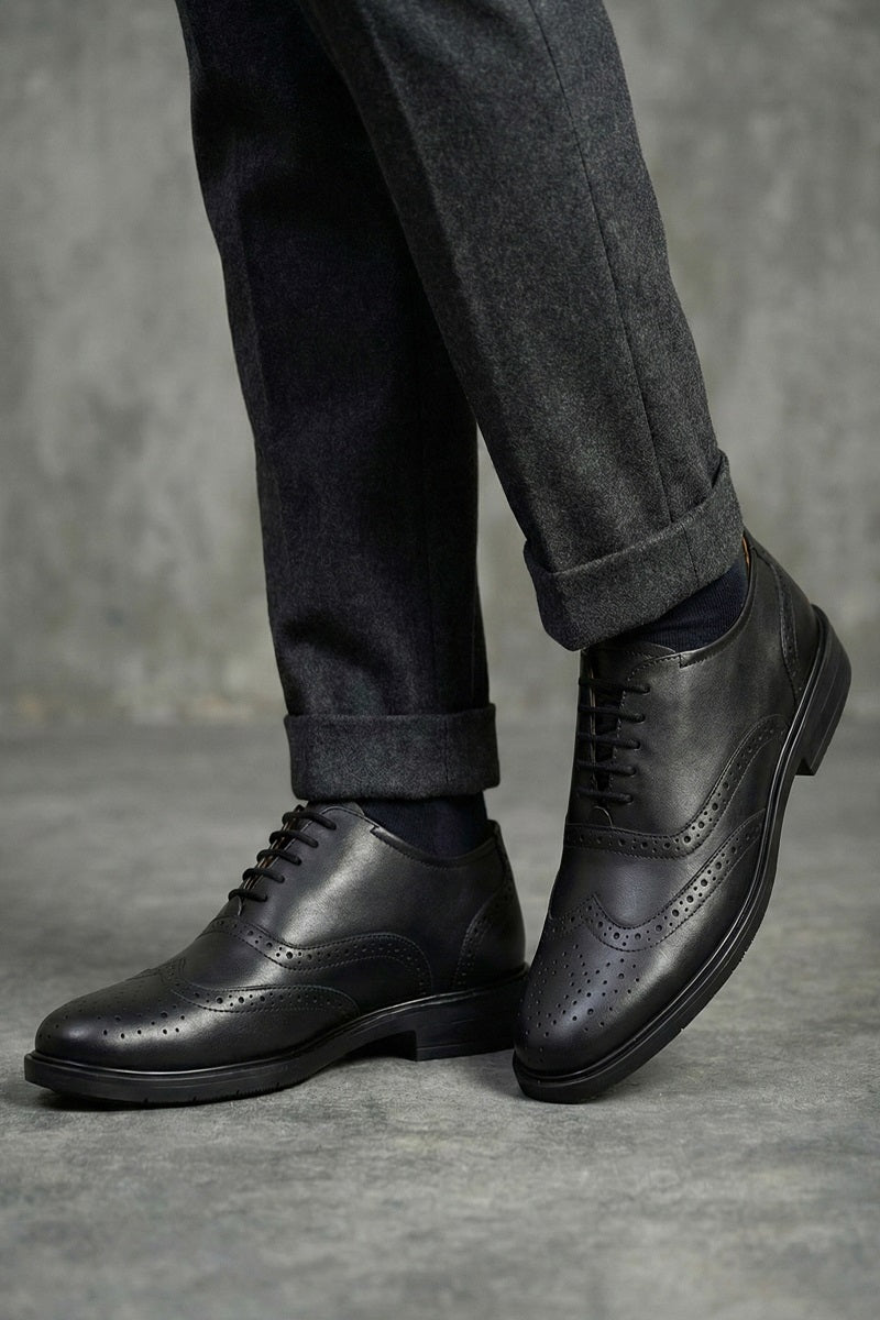 EZRO Men Black Genuine Leather Oxford Formal Shoes | Premium Wingtip Lace-Up Dress Shoes
