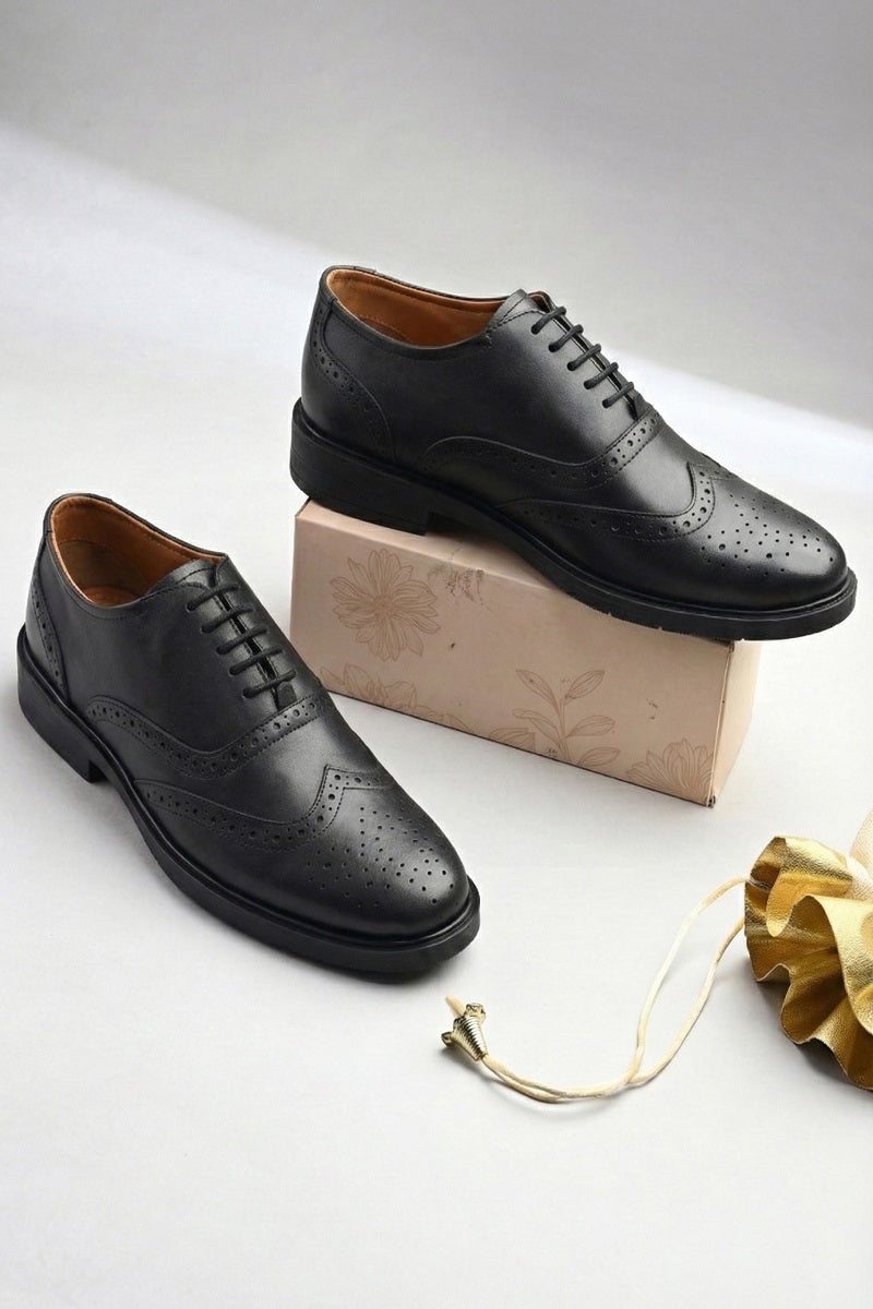 EZRO Men Black Genuine Leather Oxford Formal Shoes | Premium Wingtip Lace-Up Dress Shoes