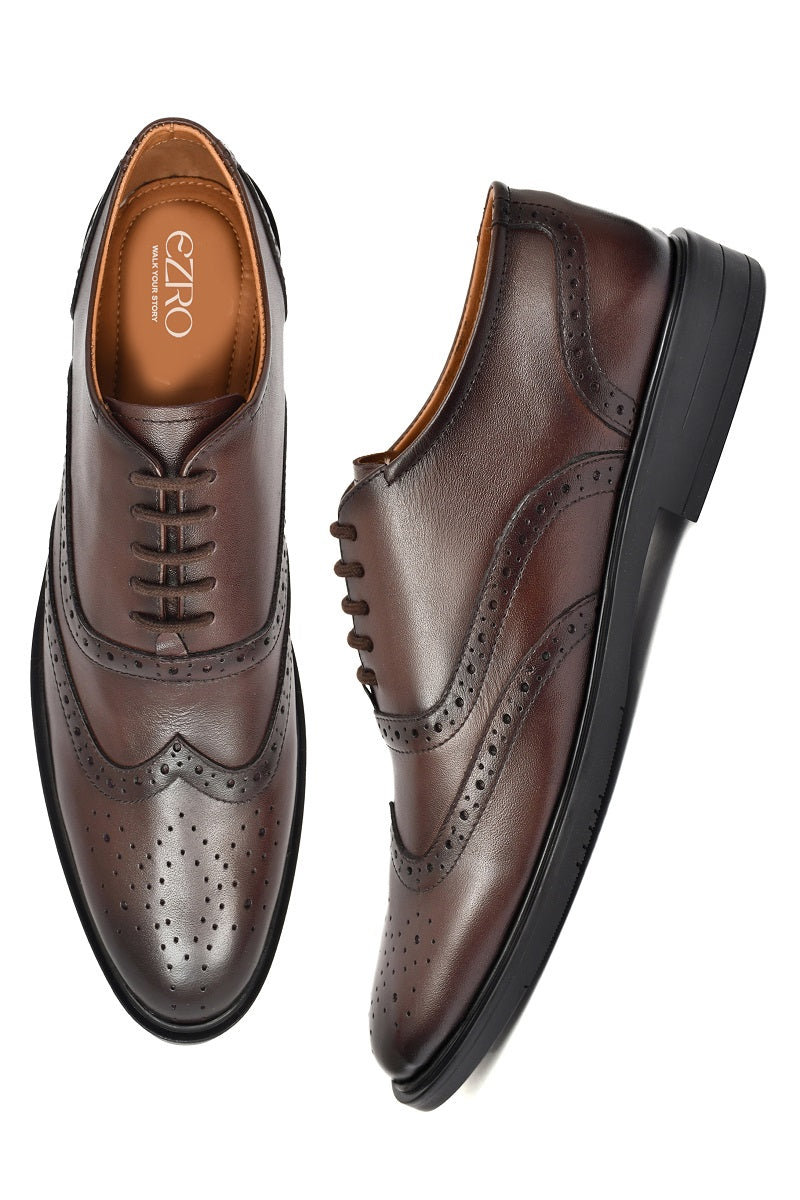 EZRO Men Premium Brown Leather Brogue Oxford Shoes for Men