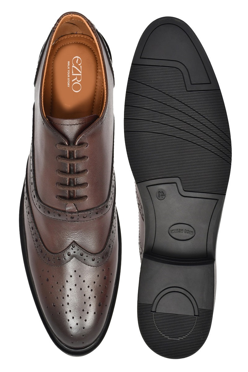 EZRO Men Premium Brown Leather Brogue Oxford Shoes for Men