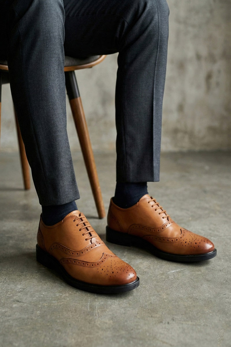 EZRO Men Tan Genuine Leather Derby Formal Shoes | Classic Lace-Up Office Dress Shoes