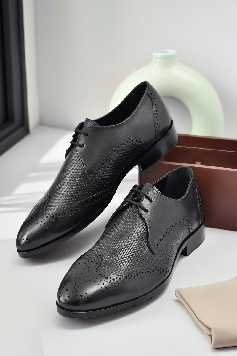EZRO Men Premium Black Brogue Leather Shoes