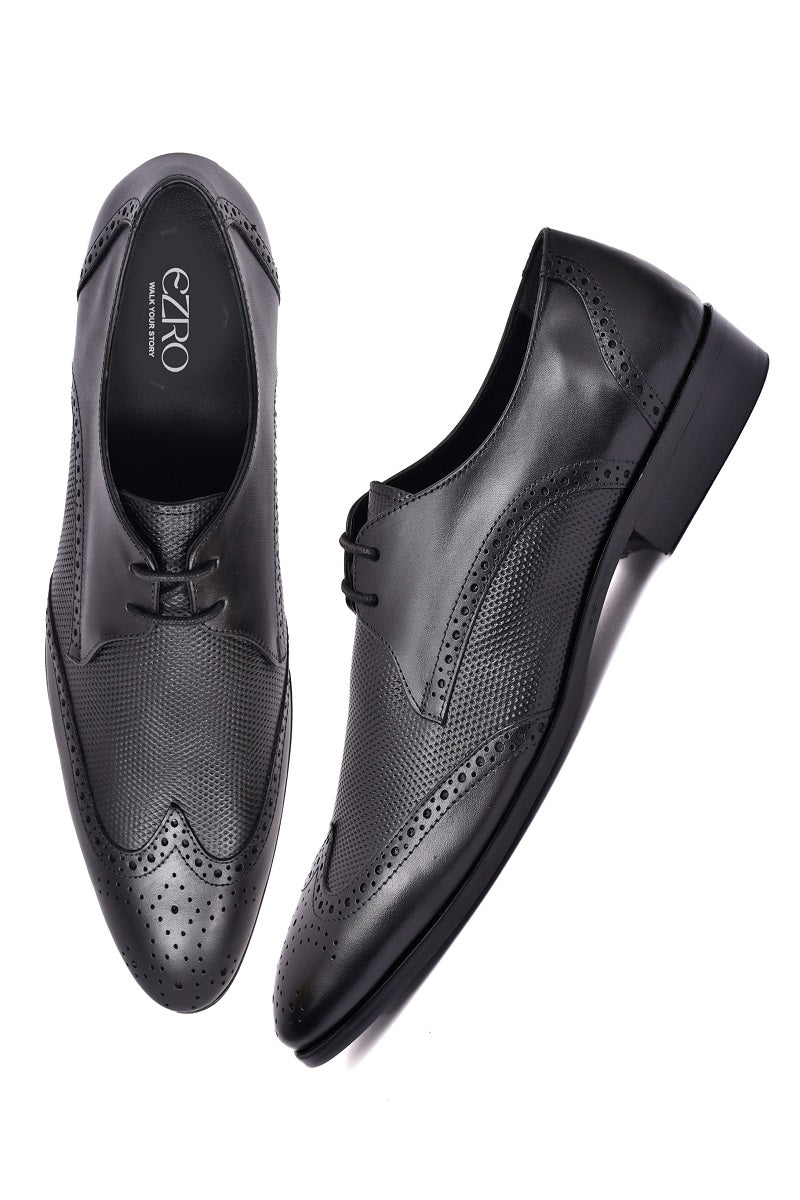 EZRO Men Premium Black Brogue Leather Shoes