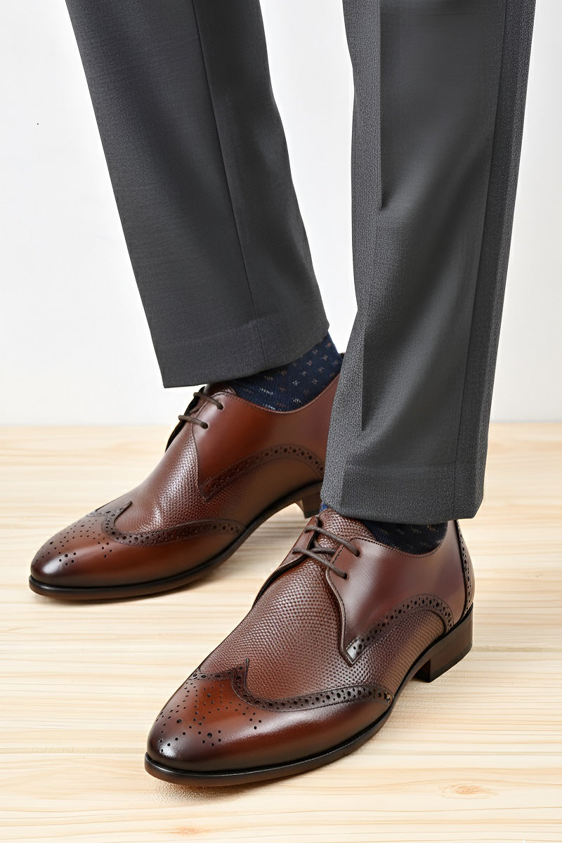 EZRO Men's Lace-Up Brown Leather Business Dress Shoes