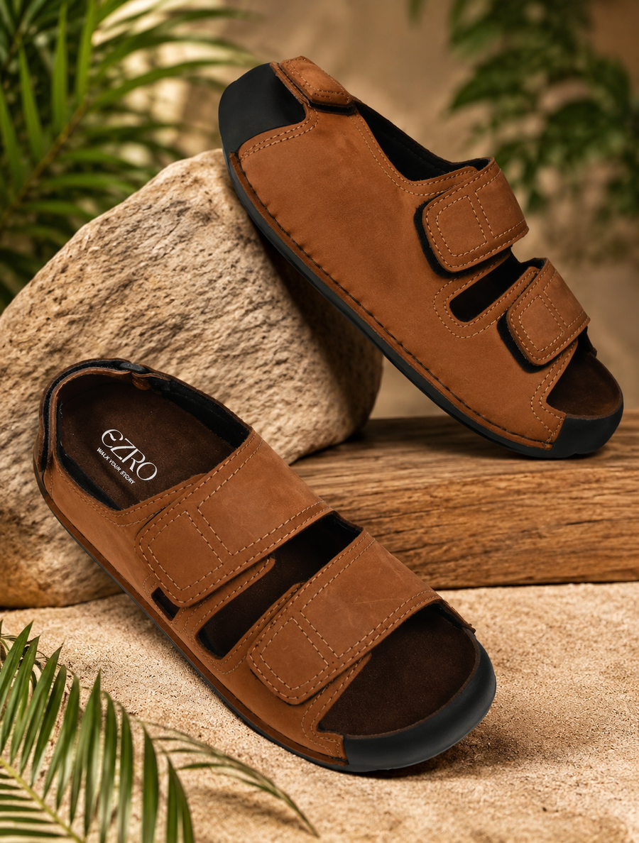EZRO Men Tan Adjustable Comfort Sandals | Lightweight Hook & Loop Casual Outdoor Walking Sandals