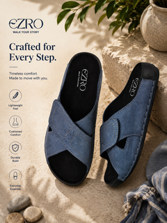 EZRO Men Blue Adjustable Comfort Slippers | Lightweight Casual Slide Sandals for Everyday Wear