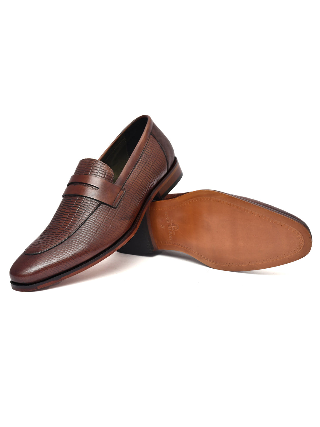 EZRO Men Premium Brown Textured Leather Penny Loafers | Slip-On Formal Dress Shoes