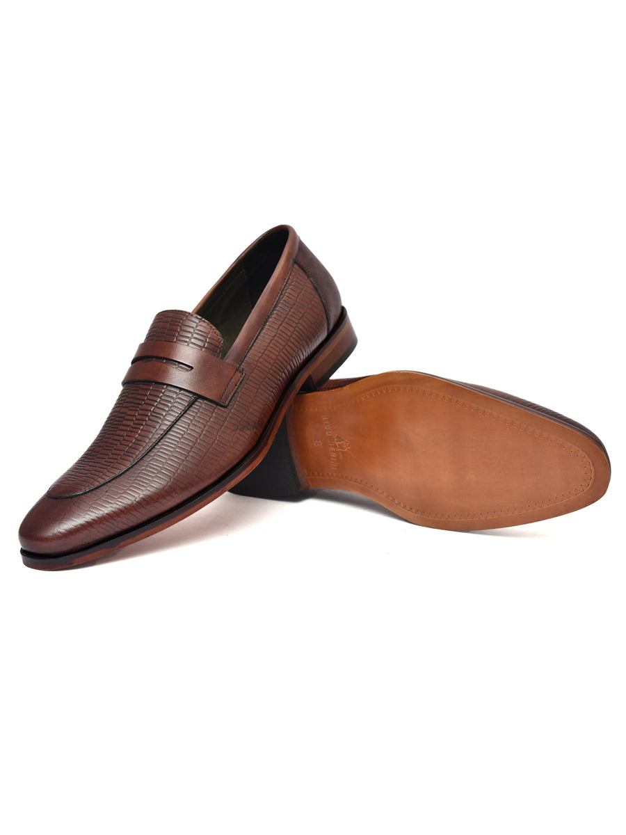 EZRO Men Premium Brown Textured Leather Penny Loafers | Slip-On Formal Dress Shoes