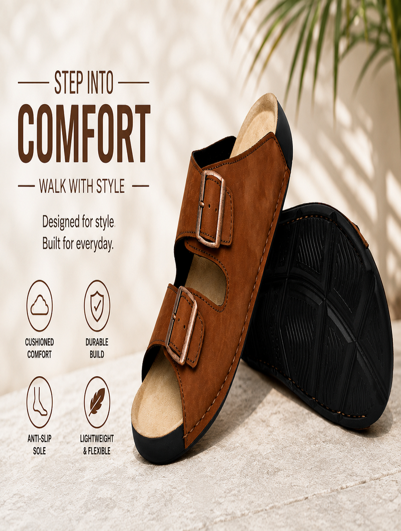 EZRO Men Tan Adjustable Double Buckle Comfort Slippers | Casual Open-Toe Slip-On Sandals