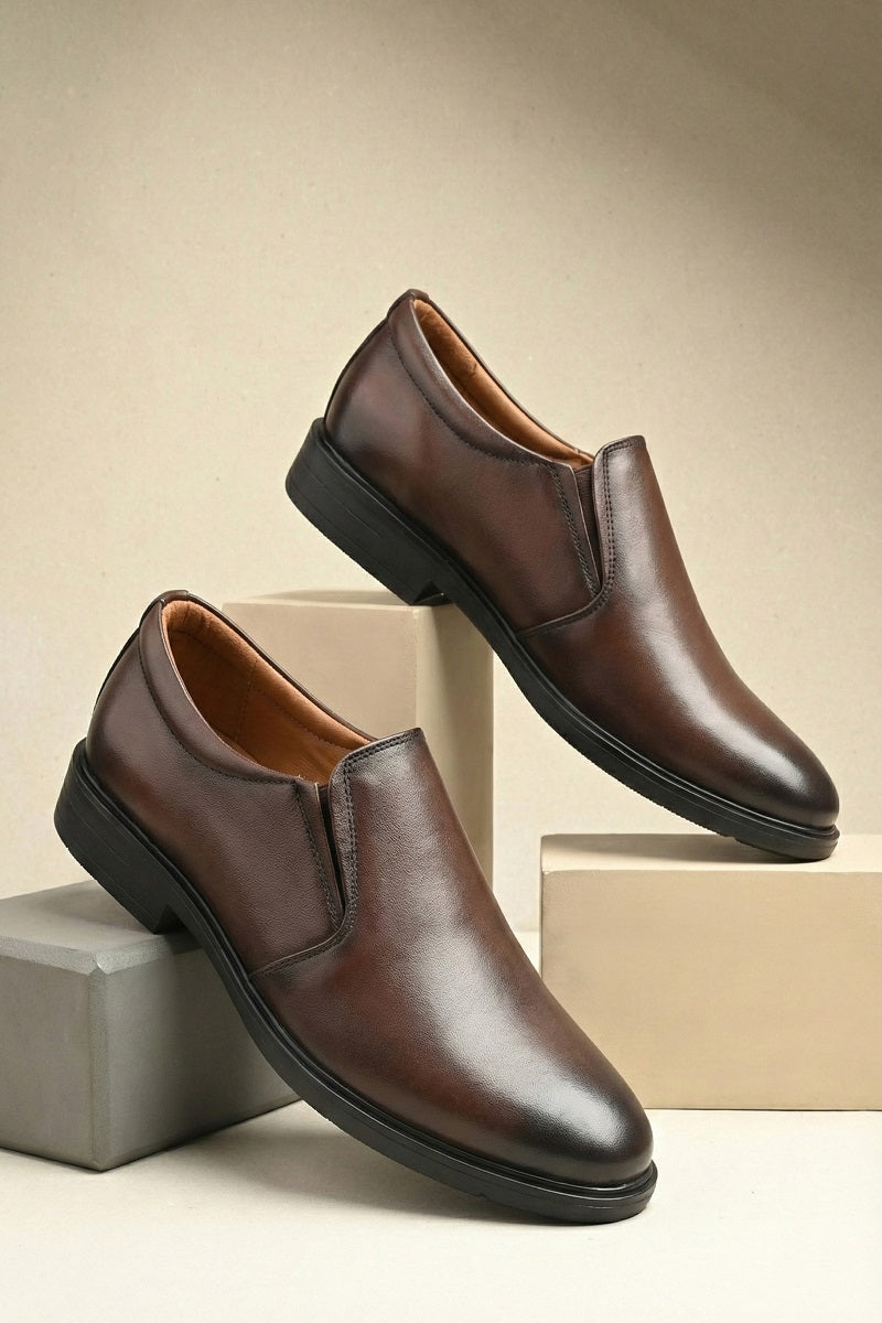 EZRO Men Classic Brown Leather Slip-On Formal Shoes