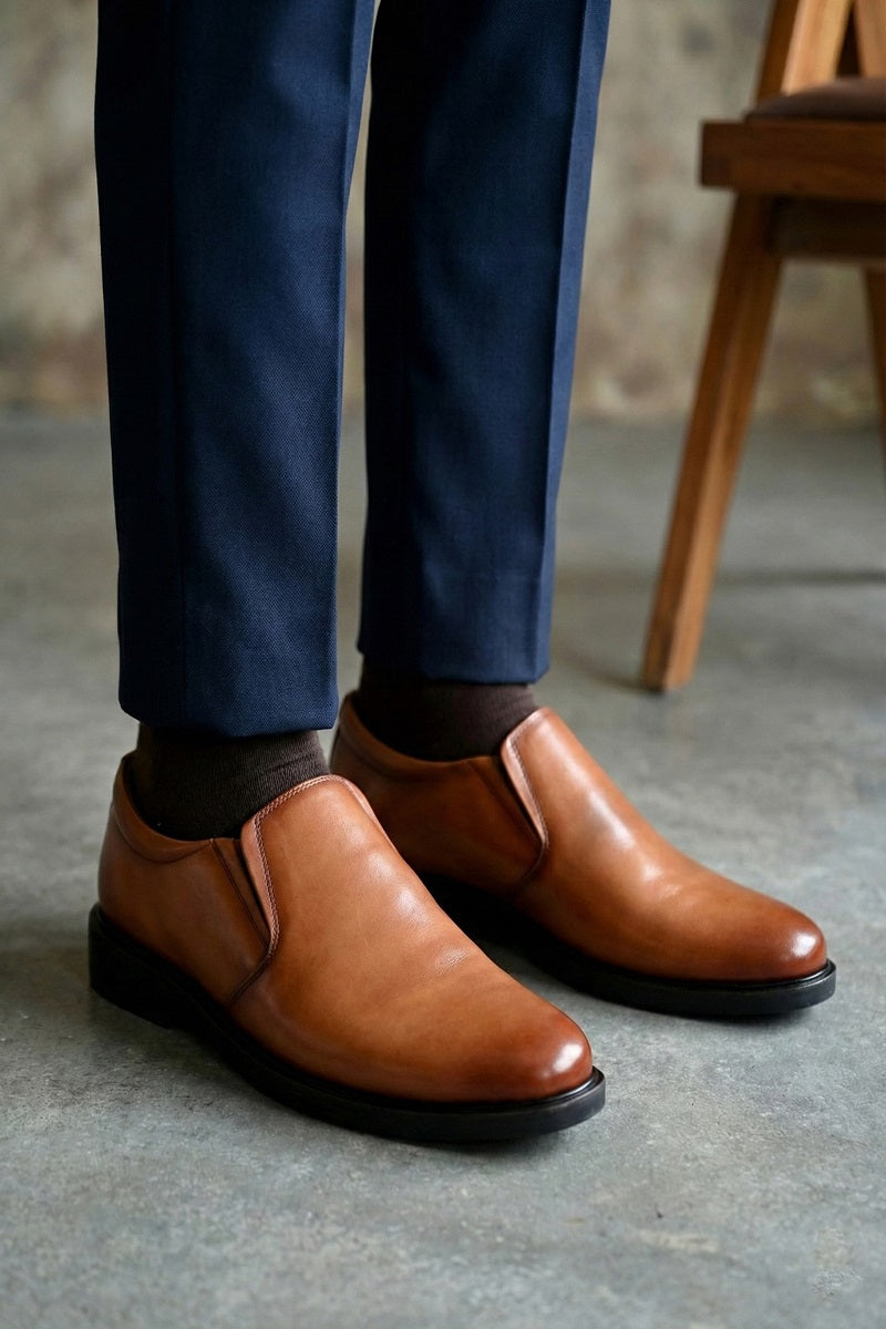EZRO Men Classic Tan Leather Slip-On Formal Shoes