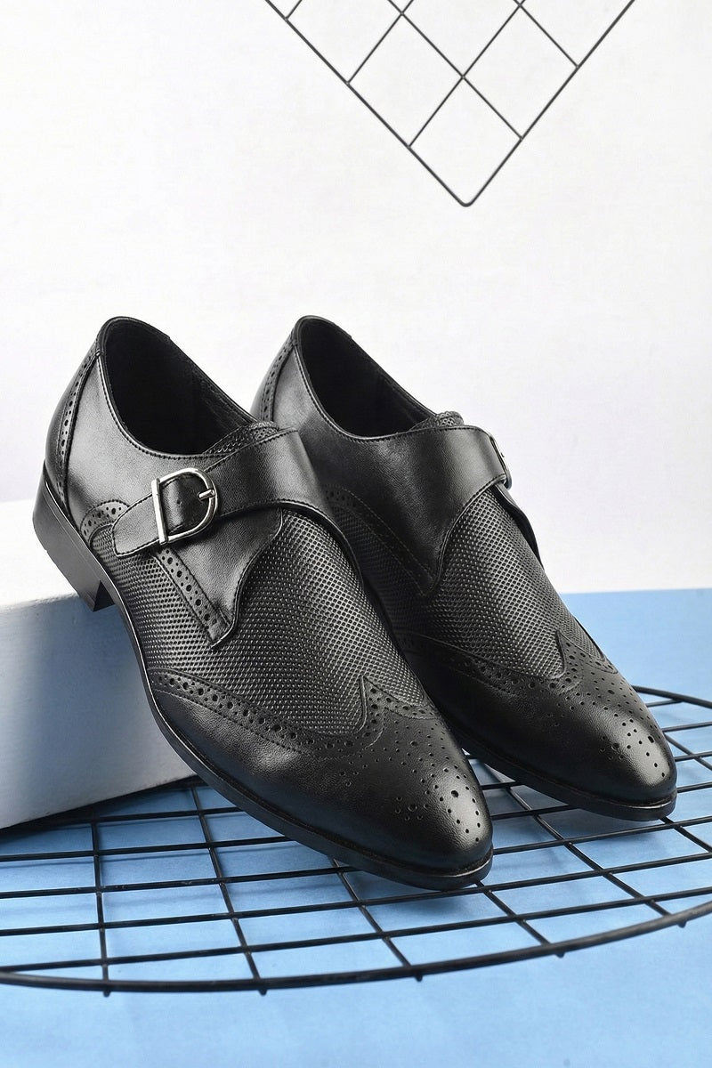 EZRO Men Black Monk Strap Formal Dress Shoes | Premium Slip-On Business & Party Shoes
