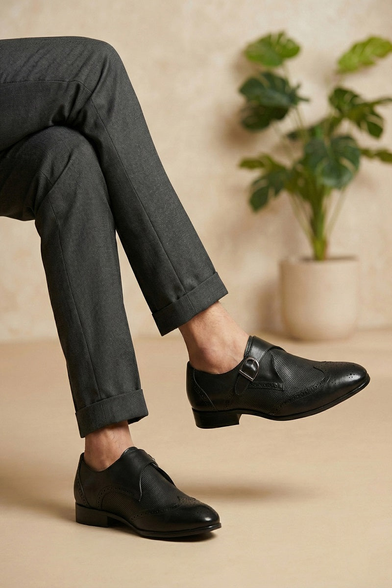 EZRO Men Black Monk Strap Formal Dress Shoes | Premium Slip-On Business & Party Shoes