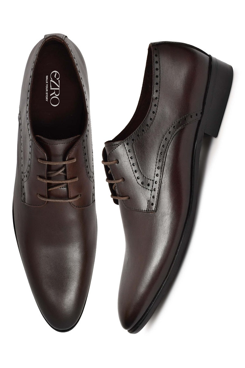 EZRO Men Classic Brown Leather Derby Dress Shoes